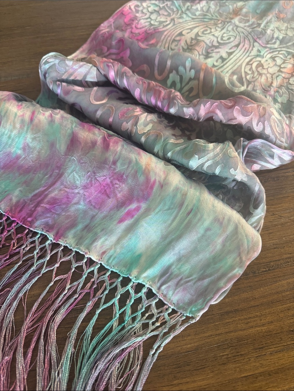 Burnout Tie Dye Fringe Scarf Pashmina Blue Pink Peach Paisley - Picture 2 of 6